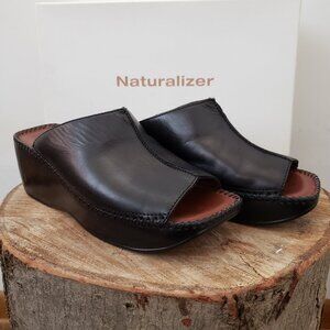Naturalizer Tempi Black Leather Platform Wedge Sandals Sz 6M Like New